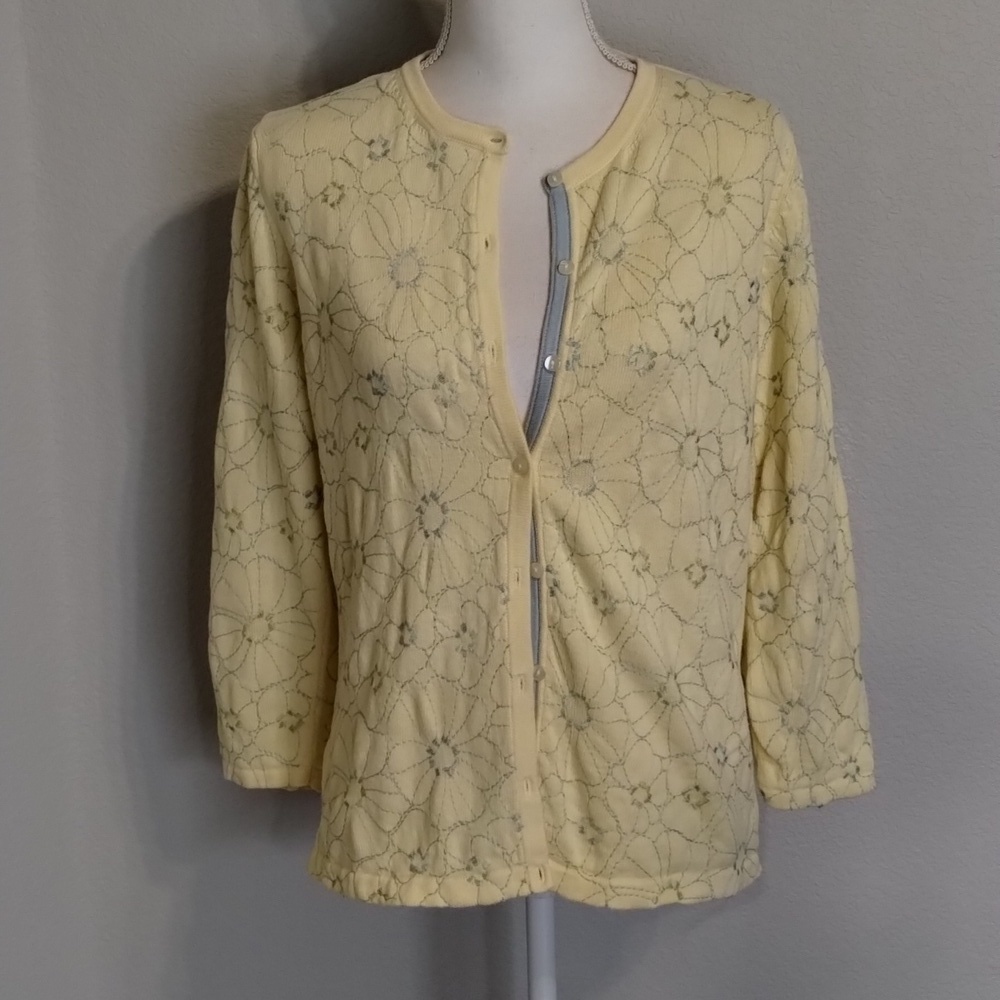 Eddie Bauer Yellow Button Down Sweater Size Medium Cotton Blue Green Stitching